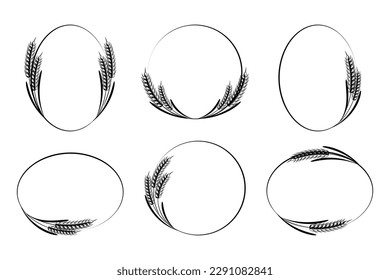 Set of round abstract golden icons of ears of wheat. Logo, icon, template, decor element, vector	
