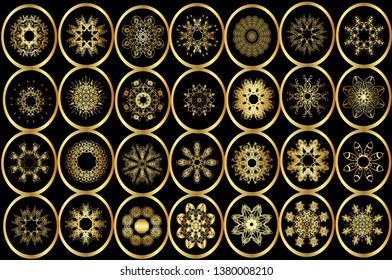 Set of round abstract graceful gold patterns on black background in circles