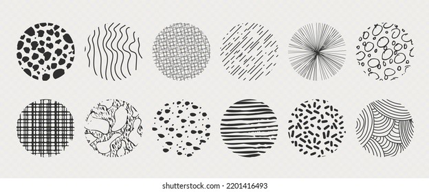 Set of round abstract hand drawn doodle shapes. Backgrounds in the form of a circle of spots, lines, splashes, curves, stripes and dots.