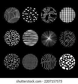 Set of round abstract hand drawn doodle shapes. Backgrounds in the form of a circle of spots, lines, splashes, curves, stripes and dots.