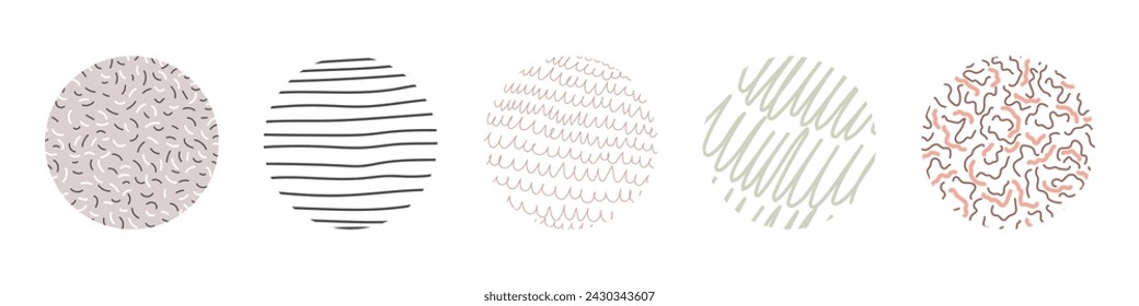 Conjunto de formas de garabato dibujado a mano abstracto redondo. Fondos en forma de círculo de puntos, líneas, salpicaduras, curvas, rayas y puntos.
