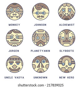 Set of round, abstract icons. Character, face, avatar, user, hero, person, line, circle.