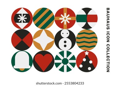 Set of round abstract icons Christmas and New Year, in the style of Bauhaus design, festive balls