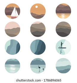 Conjunto de iconos redondos abstractos con un paisaje natural.Ilustración vectorial de un diseño plano.