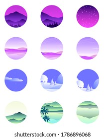 Conjunto de iconos redondos abstractos con un paisaje natural.Ilustración vectorial de un diseño plano.
