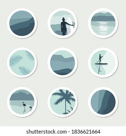 Set of round abstract icons with a natural landscape. Vector illustration of a flat design.