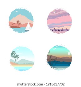 Set of round abstract icons with a natural landscape.Vector illustration of a flat design.