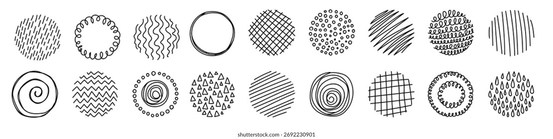 Conjunto de fondos negros de línea abstracta redonda o doodle