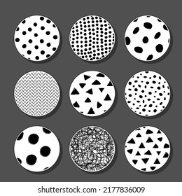 Set of round abstract monochrome backgrounds or patterns. Drawn doodle shapes. Spots, triangles, curves, lines. Modern fashion vector illustration. Posters, social media icon templates