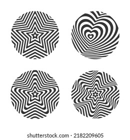 Set of round abstract patterns of black and white lines for t-shirts, posters, clothes, merch design. Op art illustration.