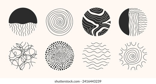 A set of round abstract patterns. Black and white patterns in circles. Doodle figures. Sea, landscape, spots, lines, curves. Abstract backgrounds for posters, templates, icons, social media, banners