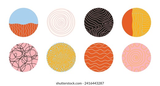 A set of round abstract patterns. Colorful patterns in circles. Doodle figures. Sea, landscape, spots, lines, curves. Abstract backgrounds for posters, templates, icons, social media, banners