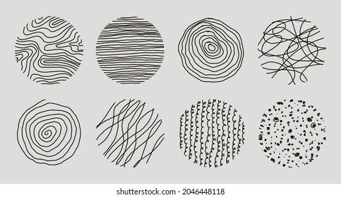 Set of round Abstract Patterns. Hand drawn doodle shapes. Spots, Curves, Lines. Vector illustration. Social media Icons templates