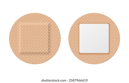 Set of round adhesive bandages with perforated texture, featuring a protective pad. Ideal for medical, healthcare, and first aid concepts