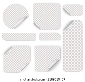 Set of round adhesive stickers with folded edges. White paper sticker of different shapes with curled corners. Empty price tag templates. Mega savings, sale sticker set. Vector illustration.