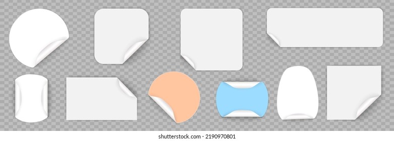 Set of round adhesive stickers with folded edges. Color paper sticker of different shapes with curled corners. Empty price tag templates. Mega savings, sale sticker set. Vector illustration.