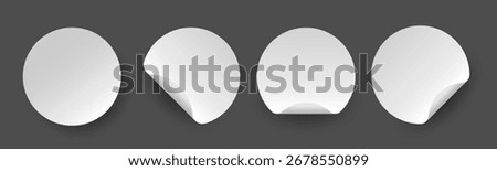 Set of round adhesive stickers with peeling corners and shadows. Realistic white paper and plastic circle label mockups.