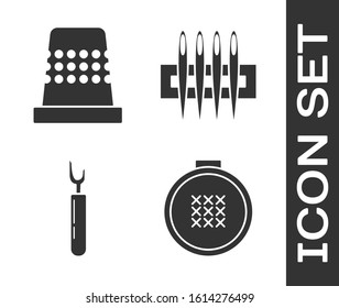 Set Round adjustable embroidery hoop, Thimble for sewing, Cutter tool and Needle for sewing icon. Vector