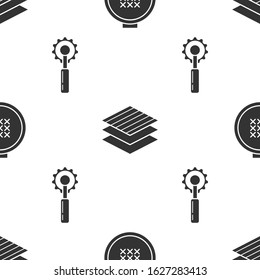Set Round adjustable embroidery hoop, Textile fabric roll and Cutter tool on seamless pattern. Vector