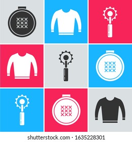 Set Round adjustable embroidery hoop, Sweater and Cutter tool icon. Vector