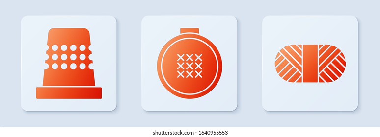 Set Round adjustable embroidery hoop, Thimble for sewing and Sewing thread on spool. White square button. Vector