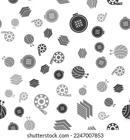Set Round adjustable embroidery hoop, Textile fabric roll, Yarn ball with knitting needles and Tape measure on seamless pattern. Vector