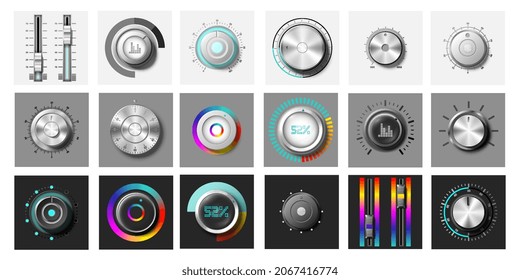 Runde Einstellrad. Realistische Knöpfe für Reglervolumen und Tonhöhe. Die Metallradienten knöpfen Licht- und Dunkeltöne mit Zifferblatt. Cartoon 3D-Vektorgrafik, einzeln auf weißem Hintergrund