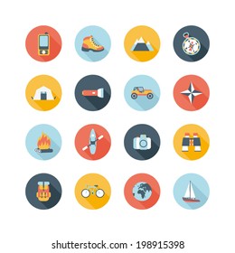 set of round adventure traveling icons