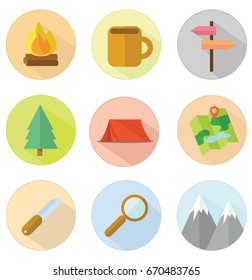 set of round adventure traveling icons