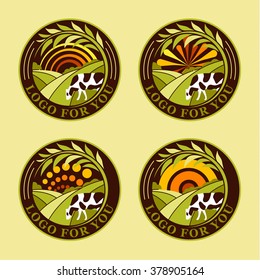Set of round agricultural vector logos. Farm icons. Dairy products symbols. Fresh meat signs. Green meadow illustration. Nature image. Organic products. Eco label. Rural landscape.