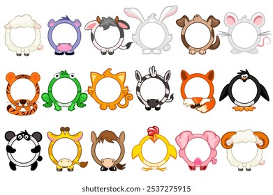 Conjunto de armações redondas de animais. Avatar de desenhos animados para jogos de interface. Moldura de animal vazio para a decoração, impressão ou adesivos de seus filhos