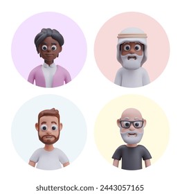 Set of round avatars in cartoon style. Characters of different gender, age, race, religion