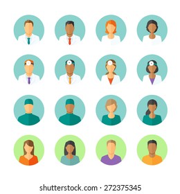 Set of round avatars different medical stuff like general doctor, therapist, surgeon and otolaryngologist. Also icons of patients for medical forum