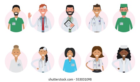 Set of round avatars different medical stuff. Doctor, therapist, surgeon, otolaryngologist.