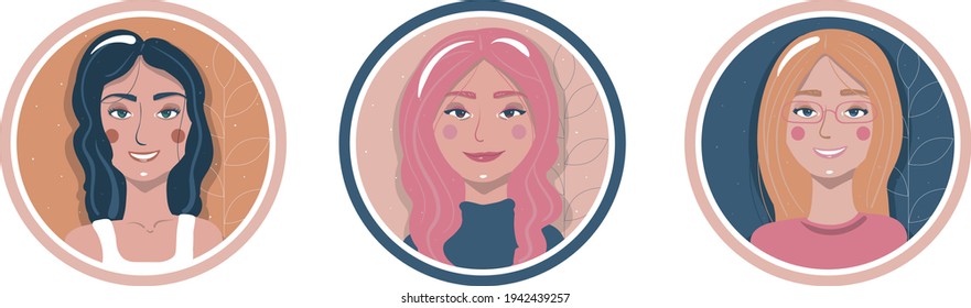 Set of round avatars with female faces. Girls with black hair, blonde hair and pink hair