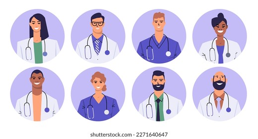 Set of round avatars of medical professionals. Female and male doctors with different skin colors. Men and women in white coats and scrubs. Smiling portraits with a stethoscope. Flat vector.