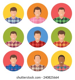 Set of round avatars of men in plaid shirts. Portraits of handsome guys in flannel plaid shirts.