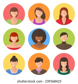 Set of round avatars of pretty ladies. Colored icons with fancy cute girls.