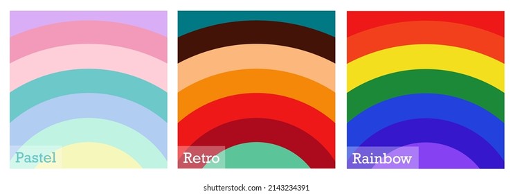 Set of Round Background or Label Templates in Three Theme Colors, Pastel, Retro and Rainbow with Copy Space for Add Content.