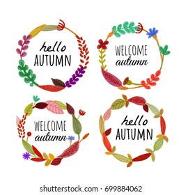 a set of  round backgrounds of autumn leaves, floral and herbal elements; hand made by pencils; trendy cartoon illustration style; fall welcoming wreaths; welcome autumn frames