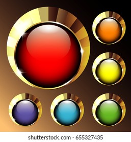 Set of round backgrounds with a golden frame, with space for your text. Vector illustration.
