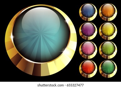 Set of round backgrounds with a golden frame, with space for your text. Vector illustration.