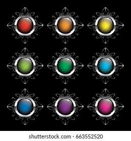 Set of round backgrounds with an ornate silver frame, with space for your text. Vector illustration.