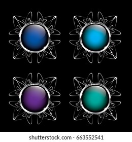 Set of round backgrounds with an ornate silver frame, with space for your text. Vector illustration.