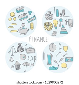 Set of round badge with finance elements. Business concept. Vector color illustration.