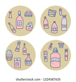 Set of round badges with beauty supplies. Hygiene vials, tubes and packages in doodle style. Vector illustration.