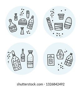 Set of round badges with beauty supplies. Hygiene vials, tubes and packages in doodle style. Vector illustration.