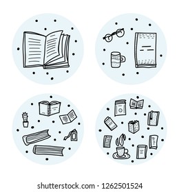 Set of round badges with books and reading symbols in doodle style. Vector illustration.