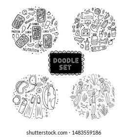 Set of round badges with doodle illustration. Sport, healhy food and diving concepts. Hand drawn icons. Vector collection.