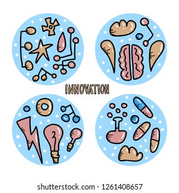 Set of round badges of innovation concept in doodle style. Vector symbols illustration.